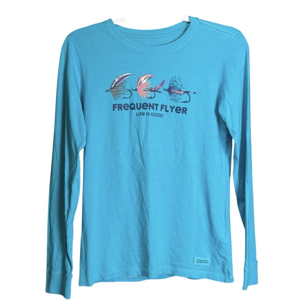 Life Is Good Womens Frequent Flyer Long Sleeve Tee Blue Fly Fishing Graphic XS